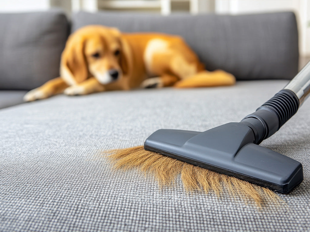 Dog sitting on sofa whilst hair is being vacuumed 