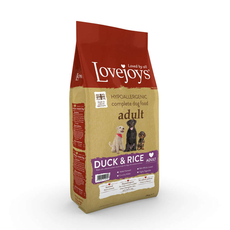 Lovejoys Original Dry Duck & Rice 12kg side on bag shot