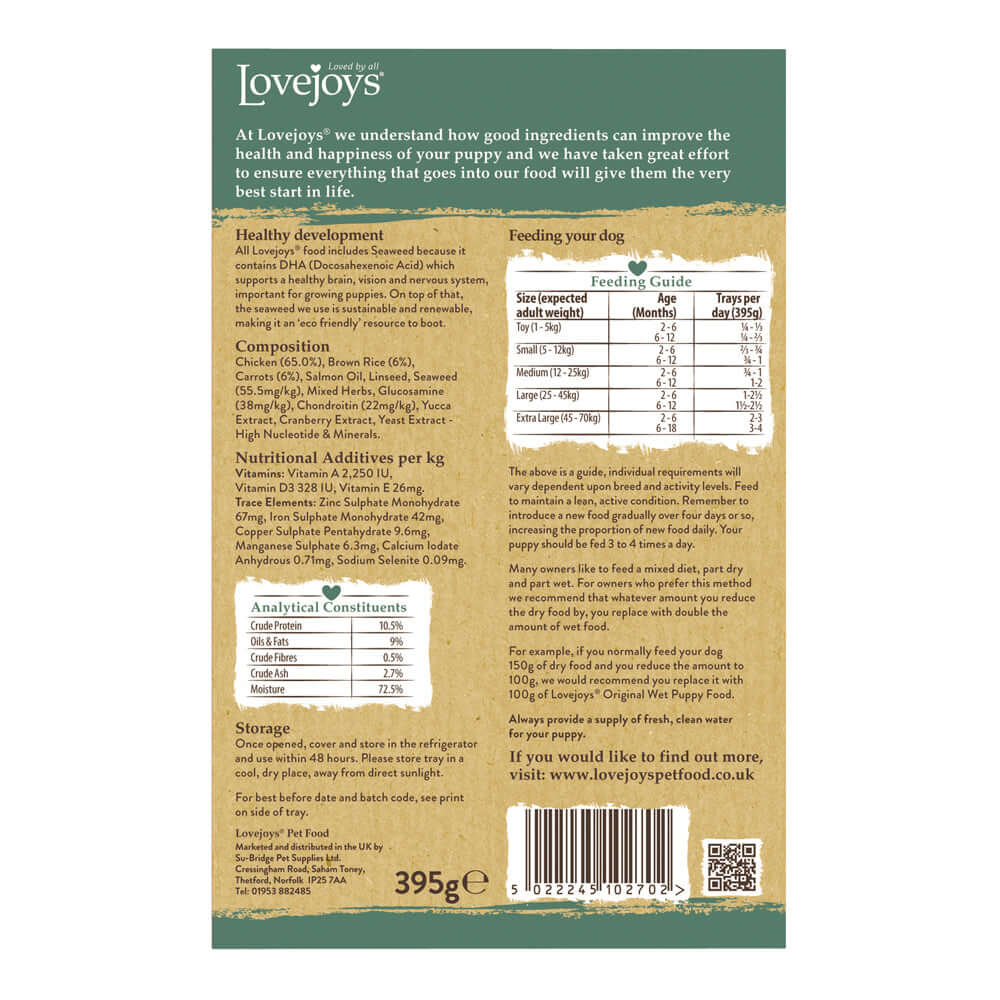 Lovejoys Puppy Wet Chicken wet food tray back of pack